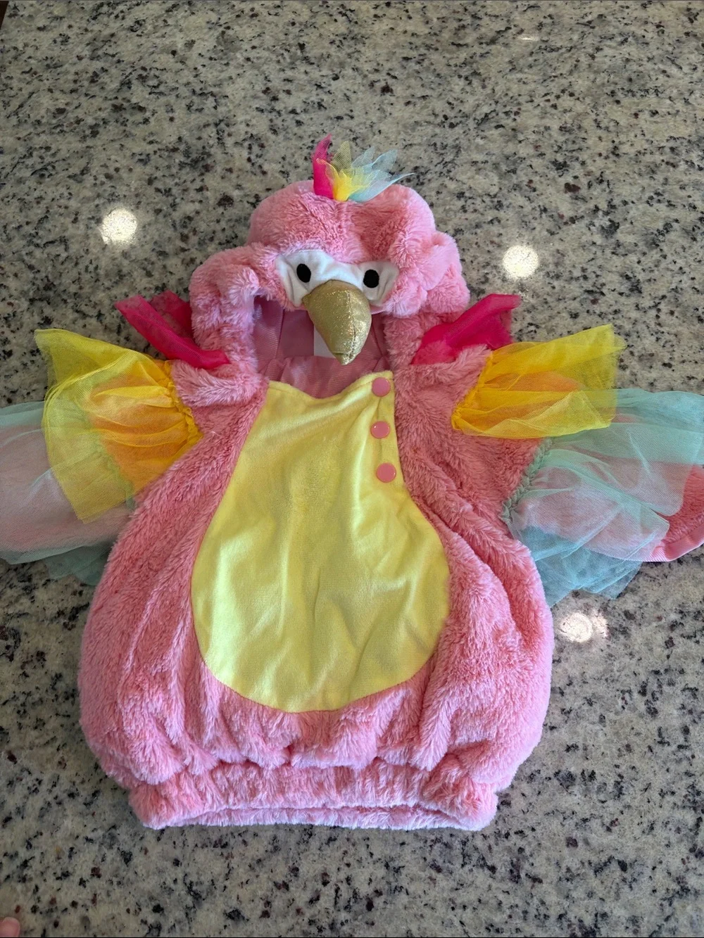 Pink Plush Parrot Kids Costume with Yellow Belly and Tulle Wings
